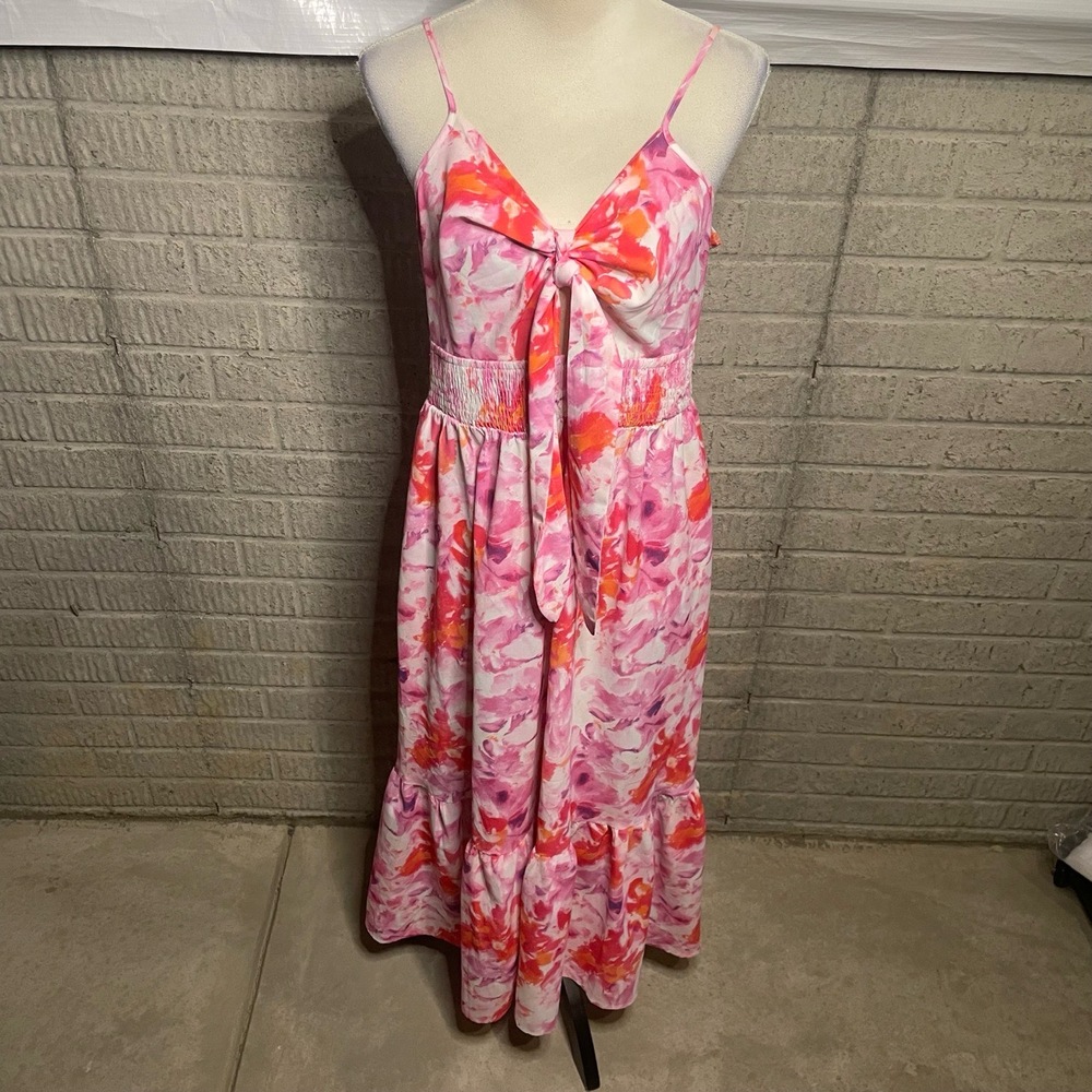 Grace Karin Womens Pink Orange Floral Tie Front Smocked Maxi Dress‎ Large